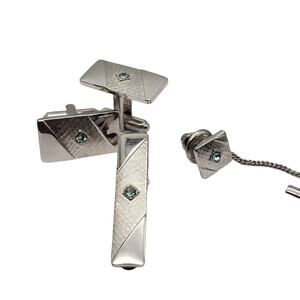 Blue Crystal Cufflinks Tie Tac Bar Sarah Coventry Brushed Silver Tone Classic